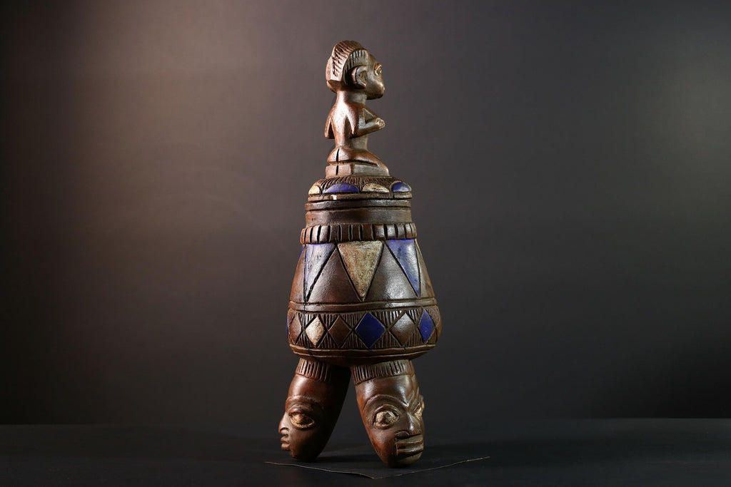 African Tribal Vessel Hand Carved Ritual Jar with Female Figure Blue White Patterned Tripod Urn Nigerian Wood Art Decor-G5621