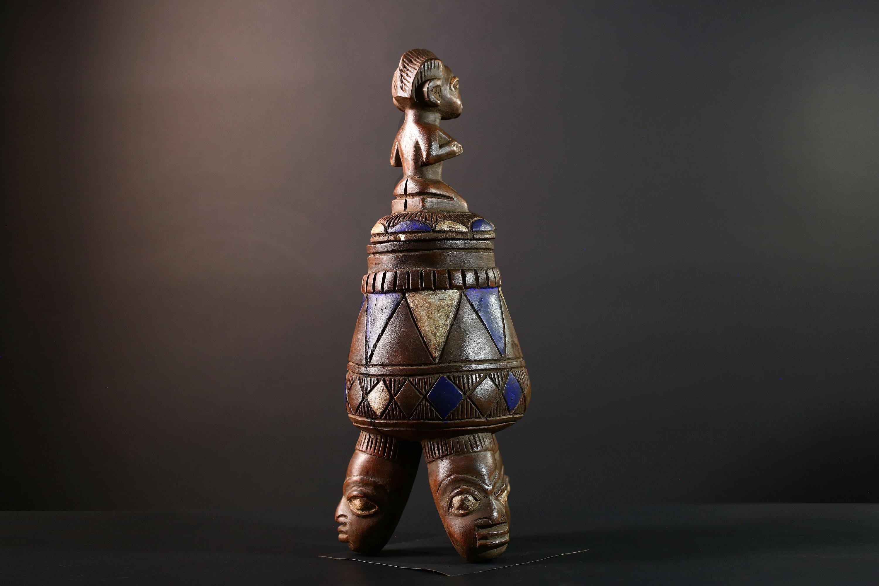 African Tribal Vessel Hand Carved Ritual Jar with Female Figure Blue White Patterned Tripod Urn Nigerian Wood Art Decor-G5621