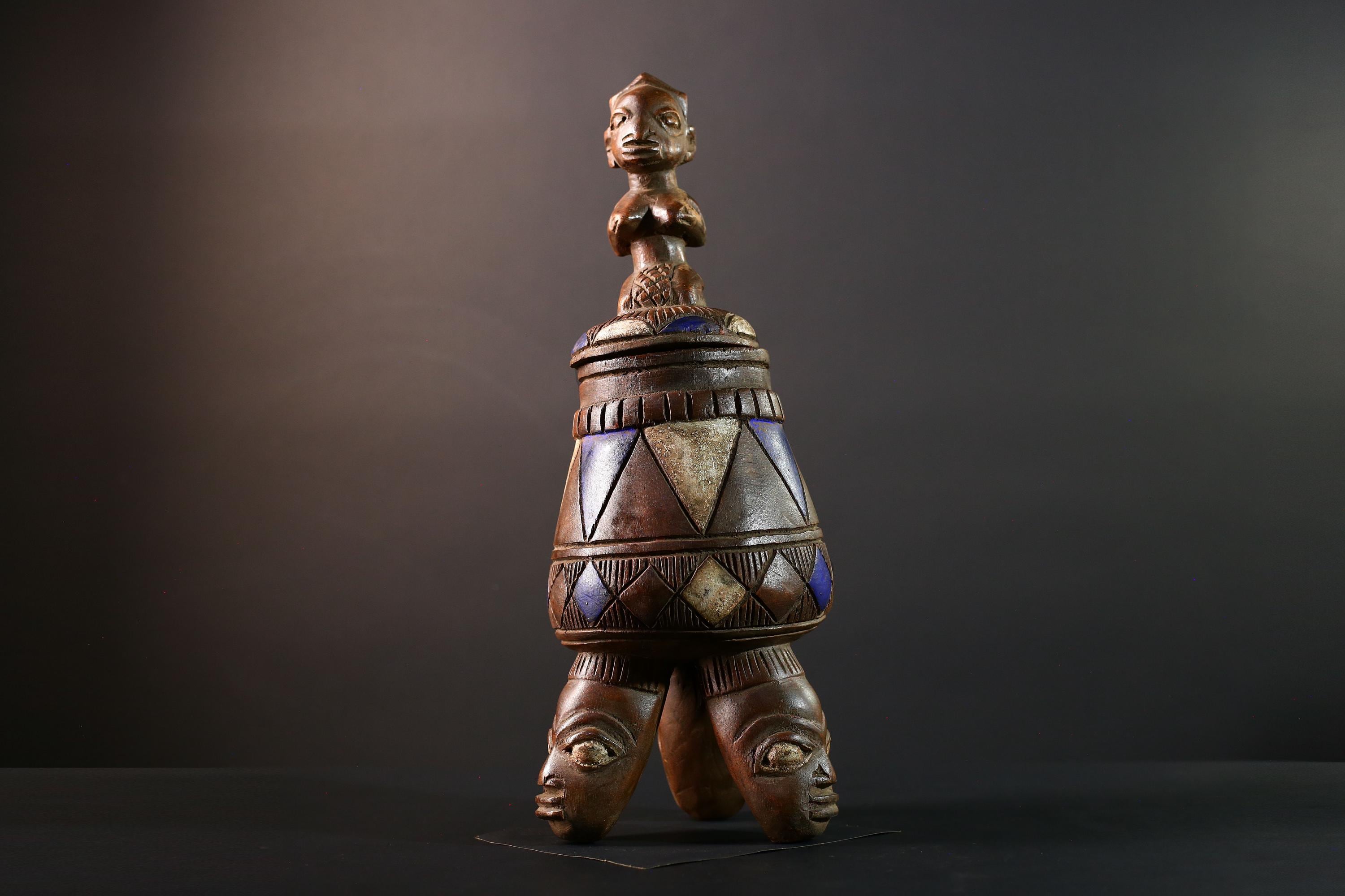 African Tribal Vessel Hand Carved Ritual Jar with Female Figure Blue White Patterned Tripod Urn Nigerian Wood Art Decor-G5621