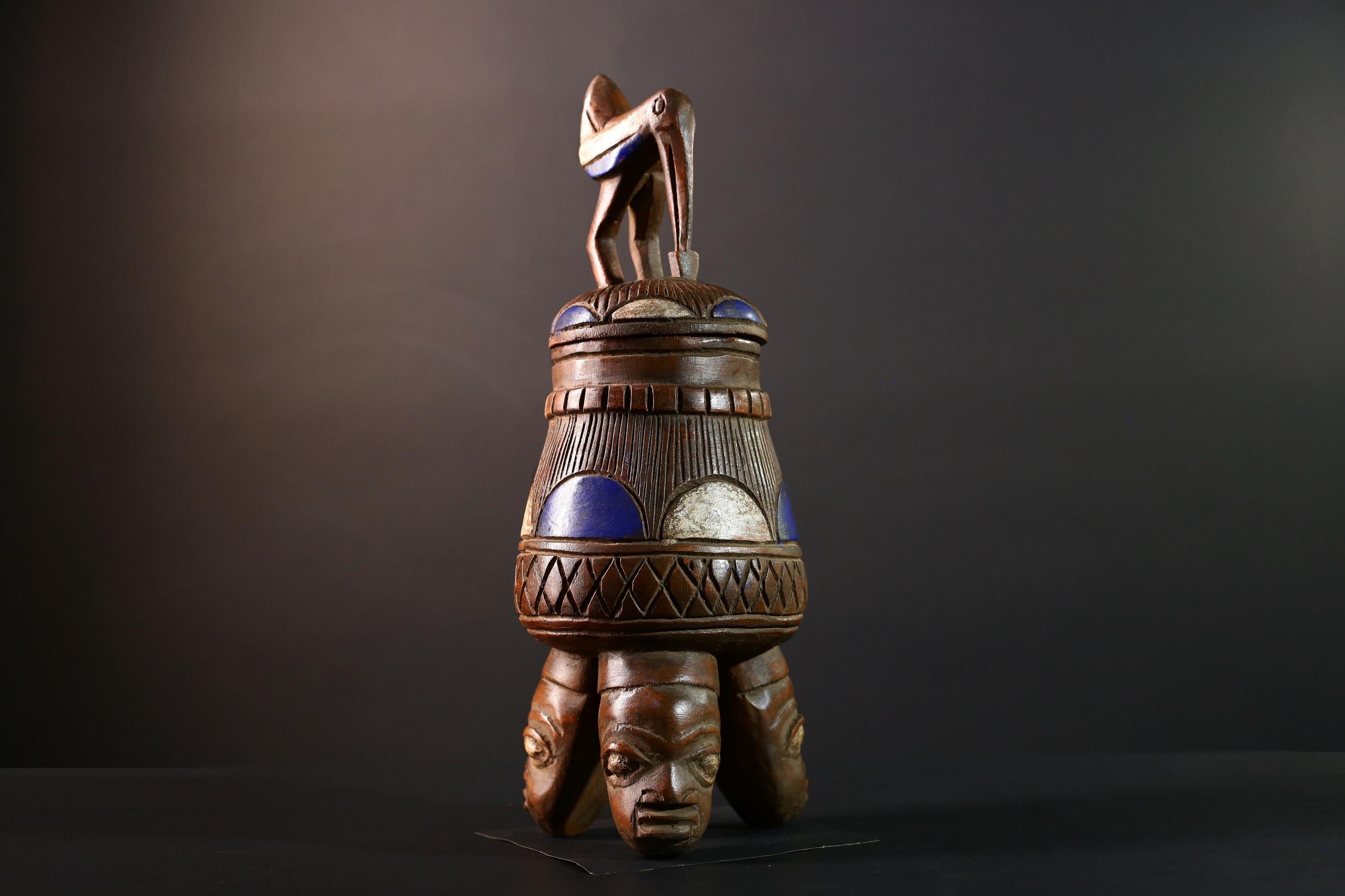 African Tribal Vessel Bird Lid Jar with Carved Head Tripod Base Blue White Geometric Pattern Nigerian Ritual Wood Art Decor-G5622