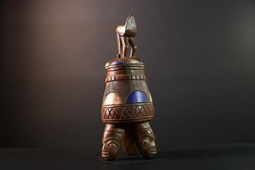 African Tribal Vessel Bird Lid Jar with Carved Head Tripod Base Blue White Geometric Pattern Nigerian Ritual Wood Art Decor-G5622