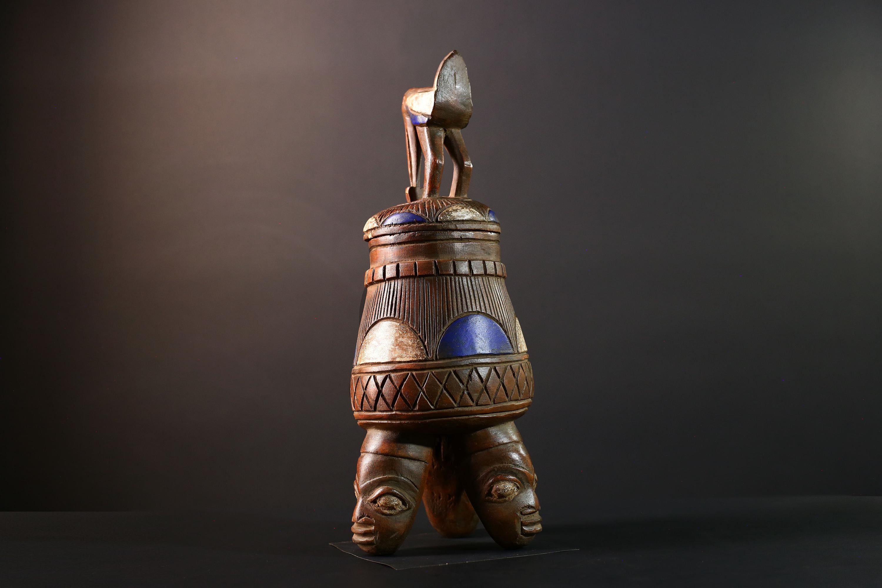 African Tribal Vessel Bird Lid Jar with Carved Head Tripod Base Blue White Geometric Pattern Nigerian Ritual Wood Art Decor-G5622