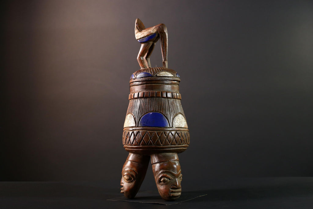 African Tribal Vessel Bird Lid Jar with Carved Head Tripod Base Blue White Geometric Pattern Nigerian Ritual Wood Art Decor-G5622