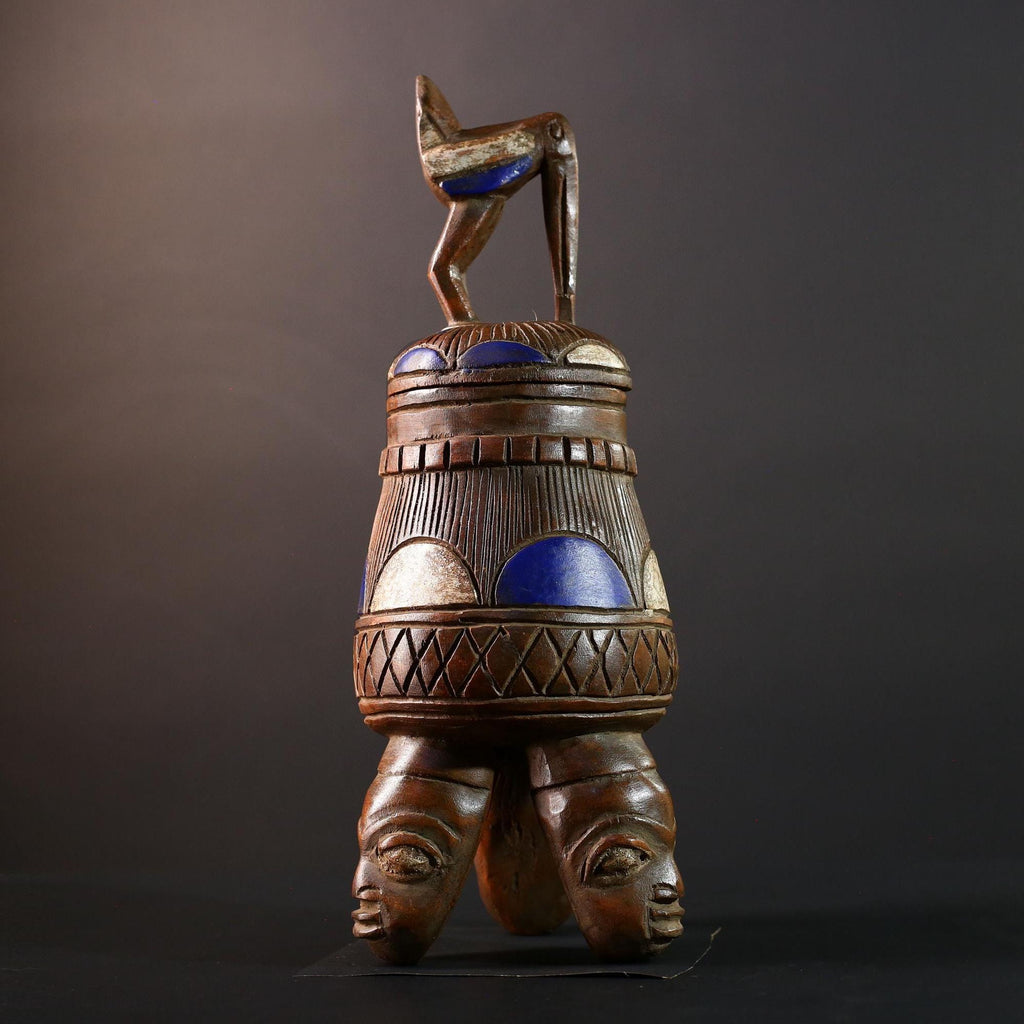 African Tribal Vessel Bird Lid Jar with Carved Head Tripod Base Blue White Geometric Pattern Nigerian Ritual Wood Art Decor-G5622