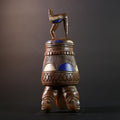 African Tribal Vessel Bird Lid Jar with Carved Head Tripod Base Blue White Geometric Pattern Nigerian Ritual Wood Art Decor-G5622