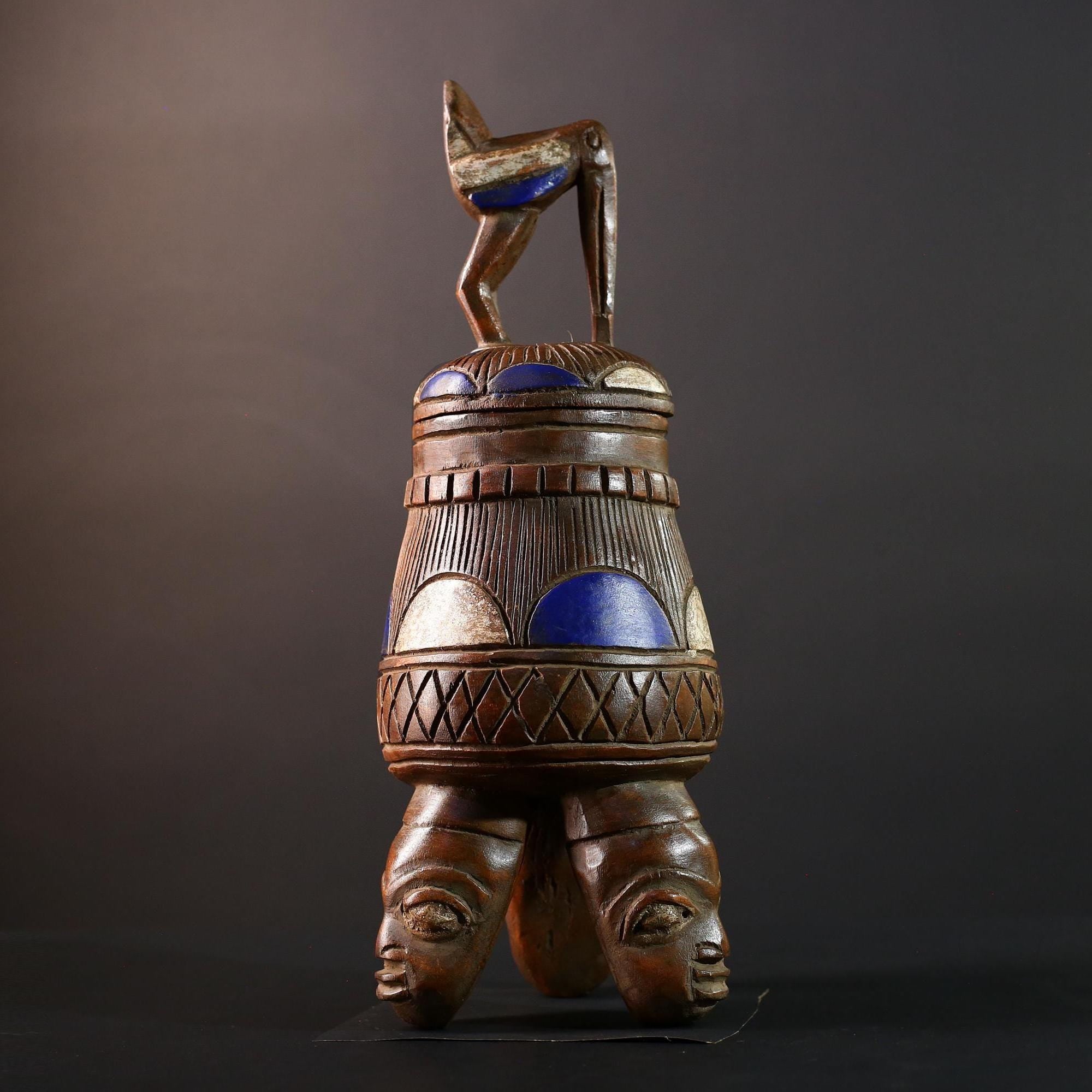 African Tribal Vessel Bird Lid Jar with Carved Head Tripod Base Blue White Geometric Pattern Nigerian Ritual Wood Art Decor-G5622