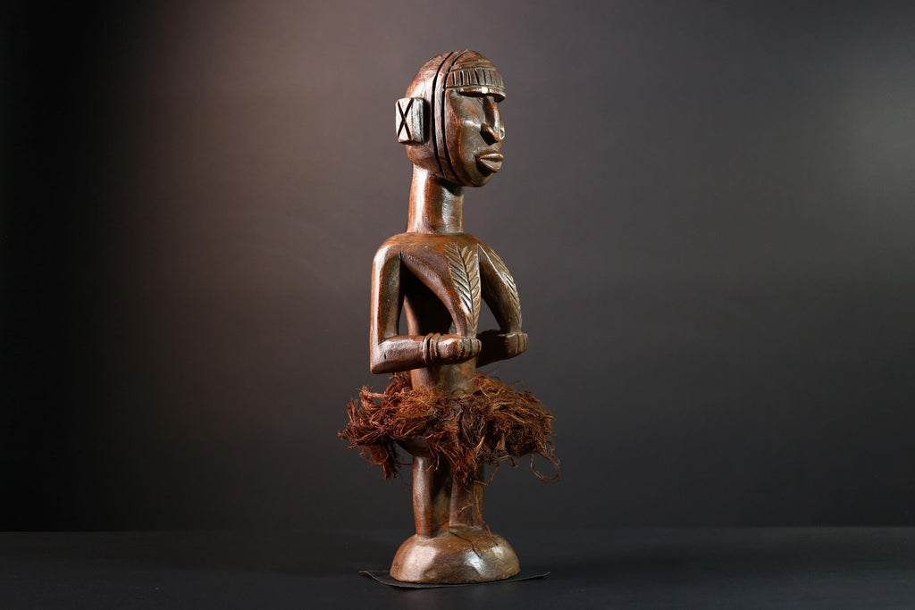 African tribal figure Congo statue carved female wood spirit art fiber skirt ethnic fertility sculpture ancestral decor gift-G5624