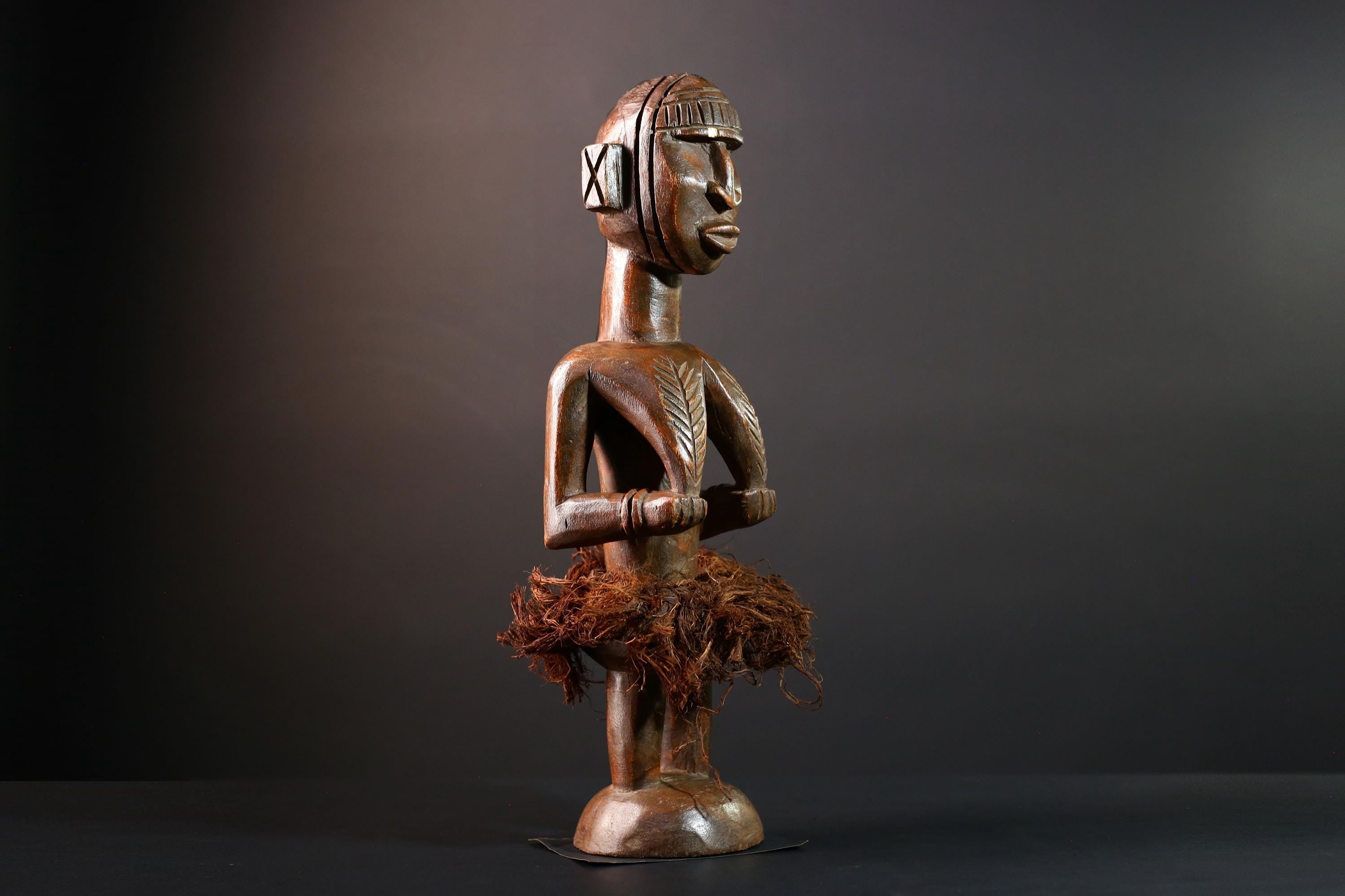 African tribal figure Congo statue carved female wood spirit art fiber skirt ethnic fertility sculpture ancestral decor gift-G5624