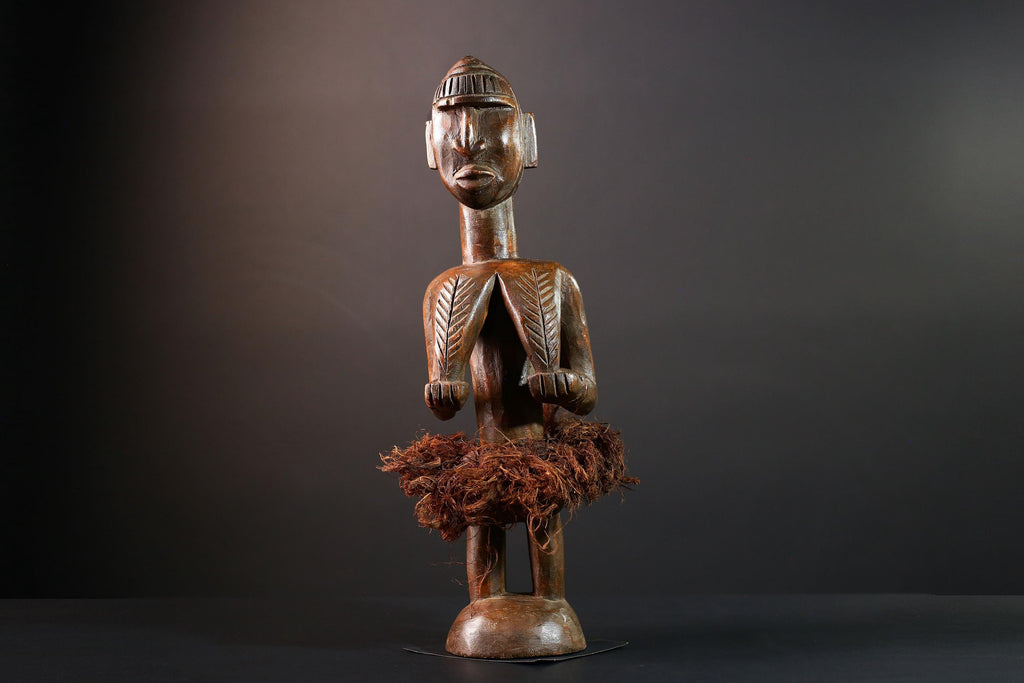 African tribal figure Congo statue carved female wood spirit art fiber skirt ethnic fertility sculpture ancestral decor gift-G5624