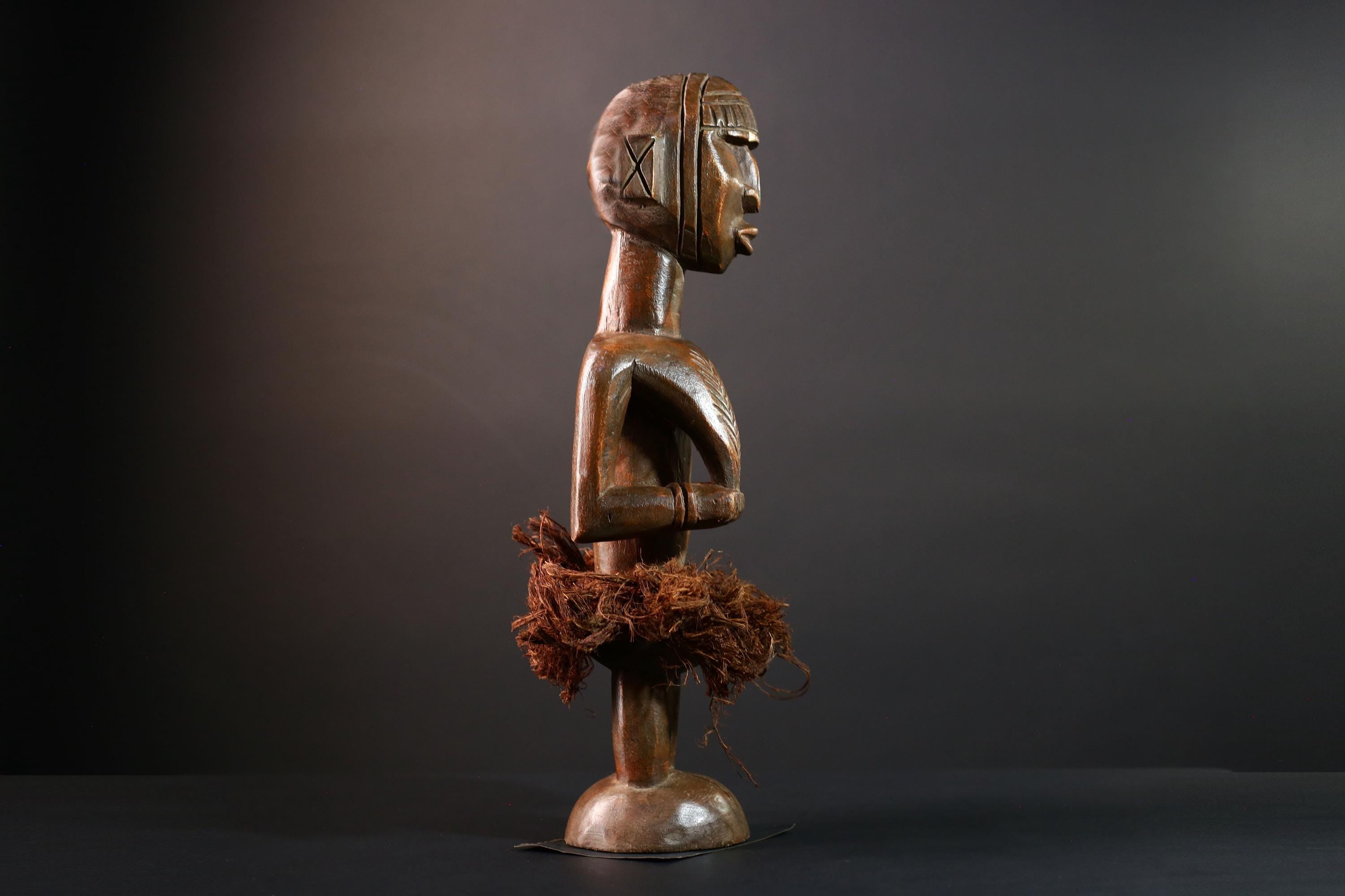 African tribal figure Congo statue carved female wood spirit art fiber skirt ethnic fertility sculpture ancestral decor gift-G5624