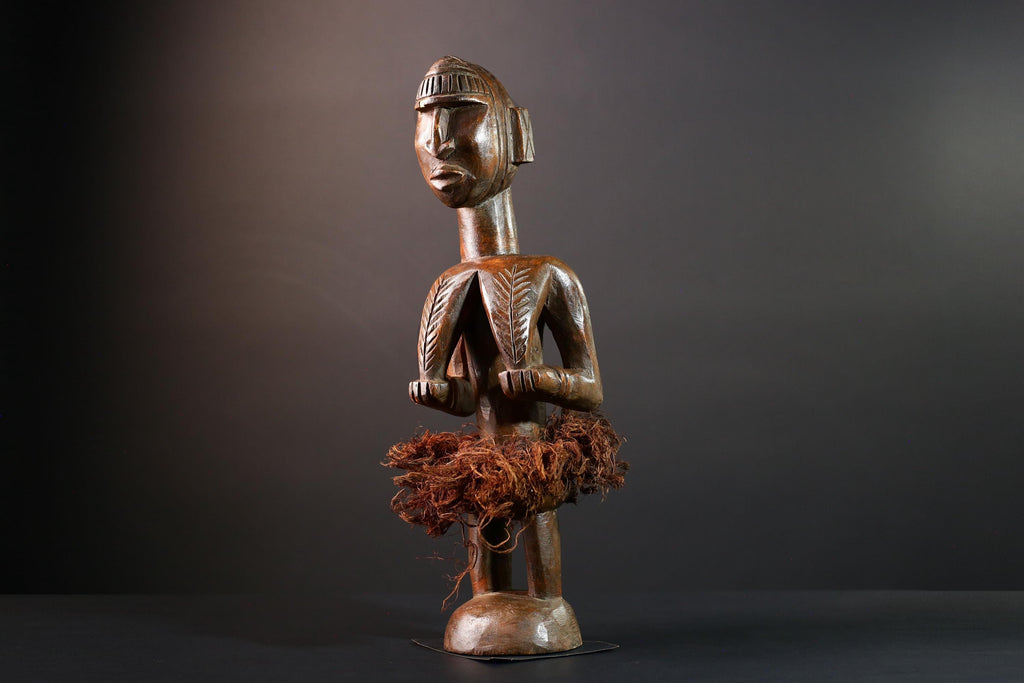African tribal figure Congo statue carved female wood spirit art fiber skirt ethnic fertility sculpture ancestral decor gift-G5624