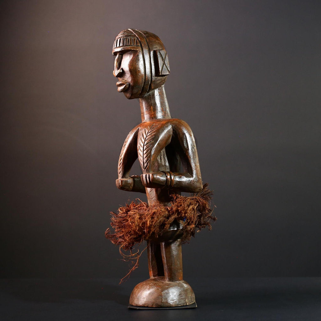 African tribal figure Congo statue carved female wood spirit art fiber skirt ethnic fertility sculpture ancestral decor gift-G5624