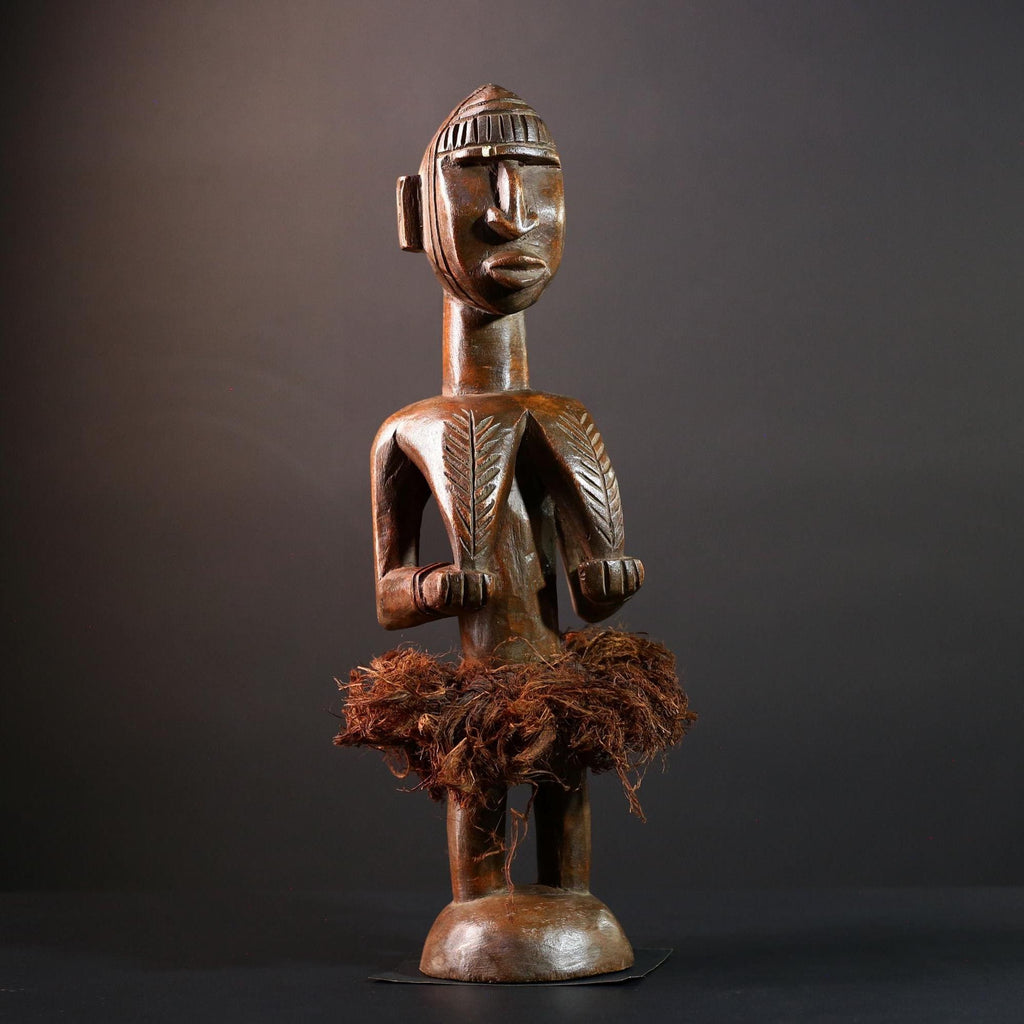 African tribal figure Congo statue carved female wood spirit art fiber skirt ethnic fertility sculpture ancestral decor gift-G5624