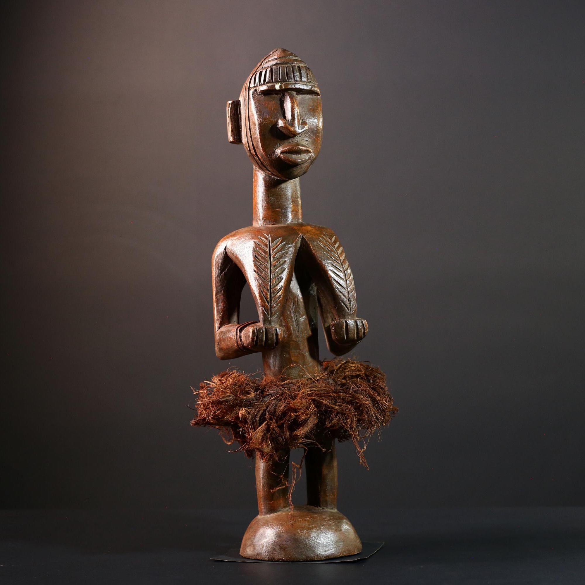 African tribal figure Congo statue carved female wood spirit art fiber skirt ethnic fertility sculpture ancestral decor gift-G5624