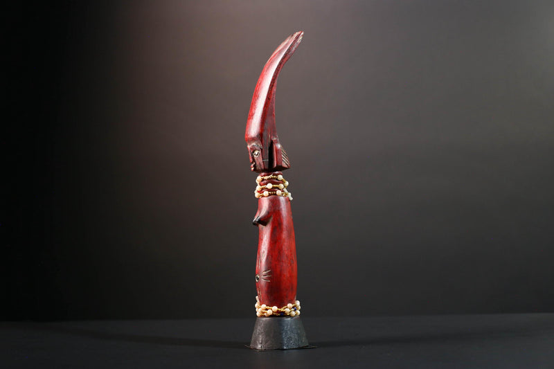 African tribal staff sculpture Chokwe red carved figure with beads spiritual female form ritual carving African wall display art- G5555
