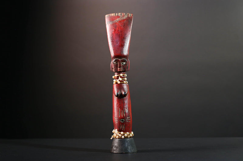 African tribal staff sculpture Chokwe red carved figure with beads spiritual female form ritual carving African wall display art- G5555
