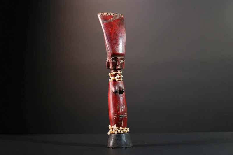 African tribal staff sculpture Chokwe red carved figure with beads spiritual female form ritual carving African wall display art- G5555