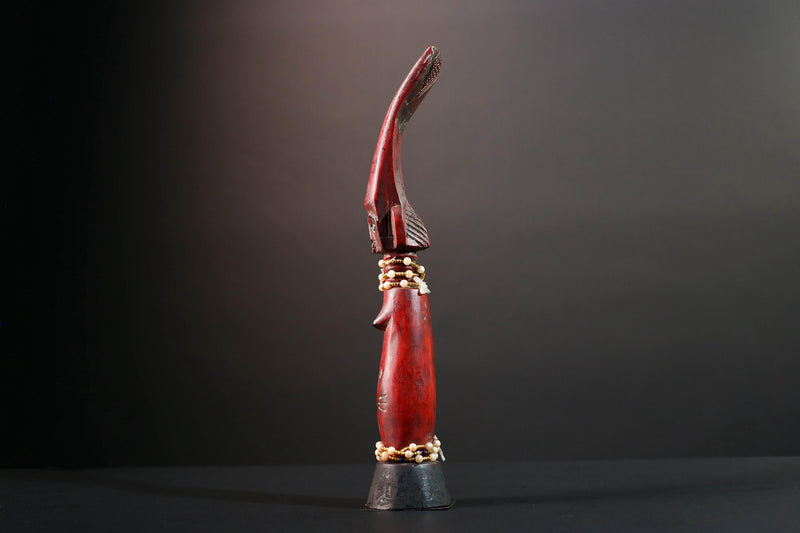 African tribal staff sculpture Chokwe red carved figure with beads spiritual female form ritual carving African wall display art- G5555