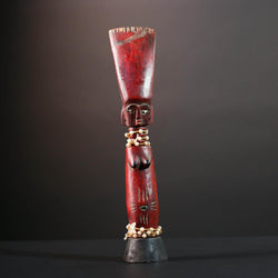 African tribal staff sculpture Chokwe red carved figure with beads spiritual female form ritual carving African wall display art- G5555