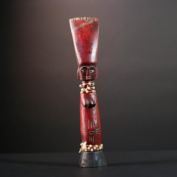 African tribal staff sculpture Chokwe red carved figure with beads spiritual female form ritual carving African wall display art- G5555