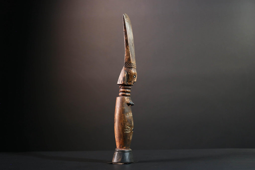 African female figure sculpture Luba carved staff with crest tribal memory symbol art wooden spiritual carving African home decor-G5554