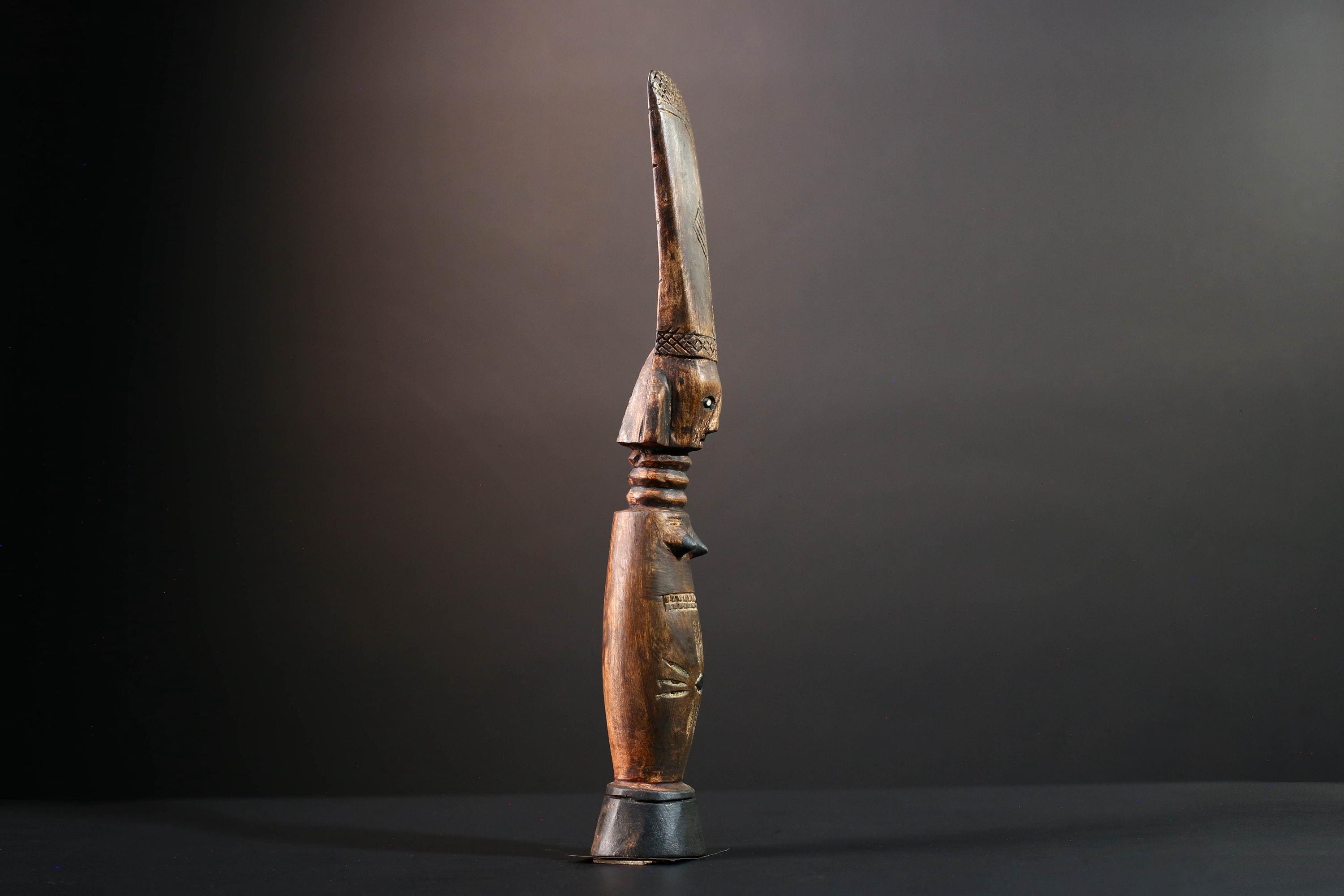 African female figure sculpture Luba carved staff with crest tribal memory symbol art wooden spiritual carving African home decor-G5554
