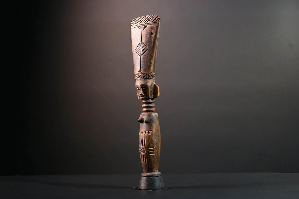 African female figure sculpture Luba carved staff with crest tribal memory symbol art wooden spiritual carving African home decor-G5554
