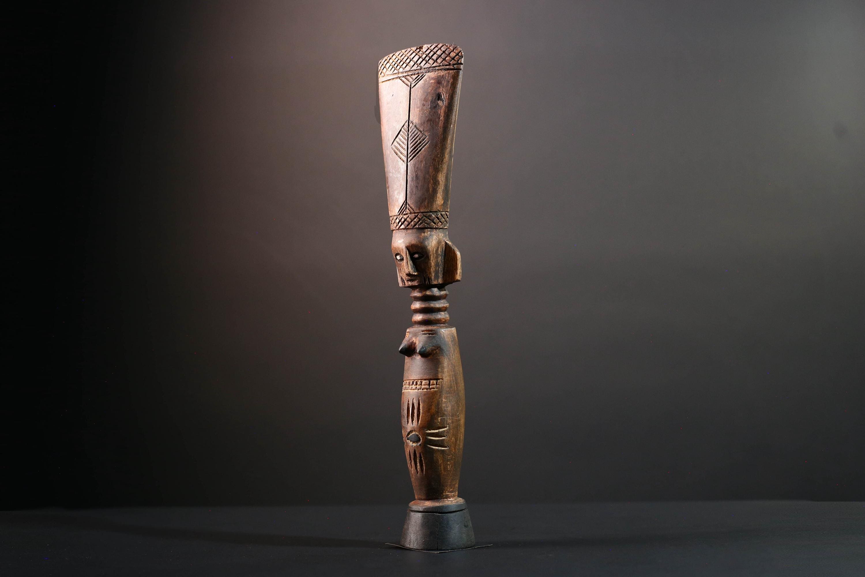 African female figure sculpture Luba carved staff with crest tribal memory symbol art wooden spiritual carving African home decor-G5554