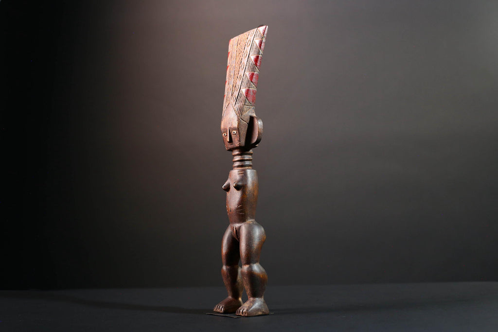 African female ancestor statue Luba carved standing figure with red crest tribal scarification memory carving African cultural art-G5553