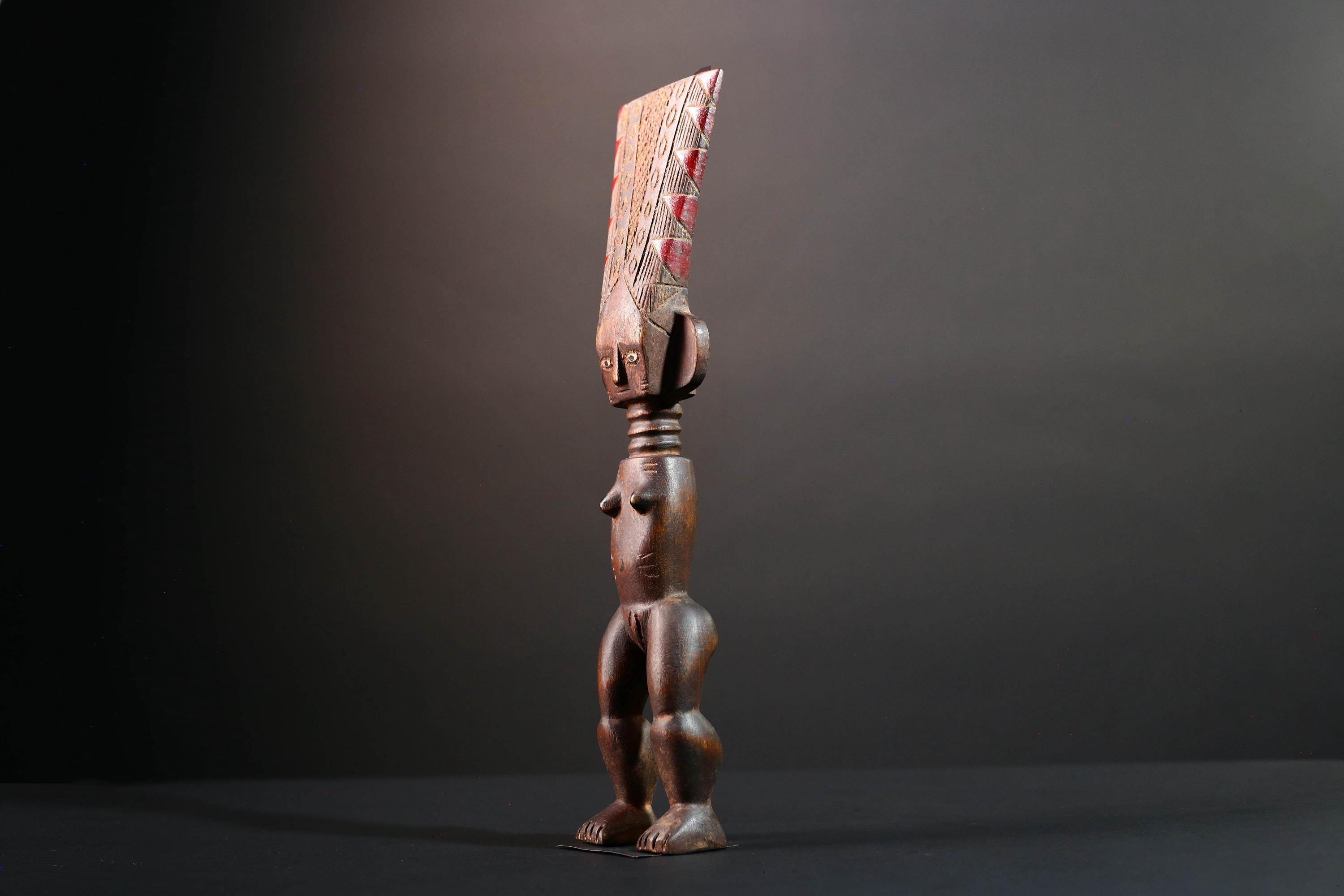 African female ancestor statue Luba carved standing figure with red crest tribal scarification memory carving African cultural art-G5553