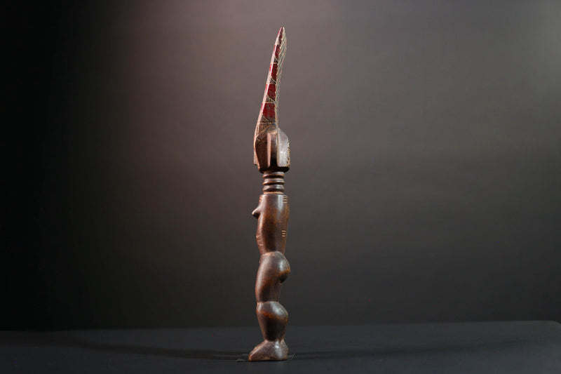 African female ancestor statue Luba carved standing figure with red crest tribal scarification memory carving African cultural art-G5553