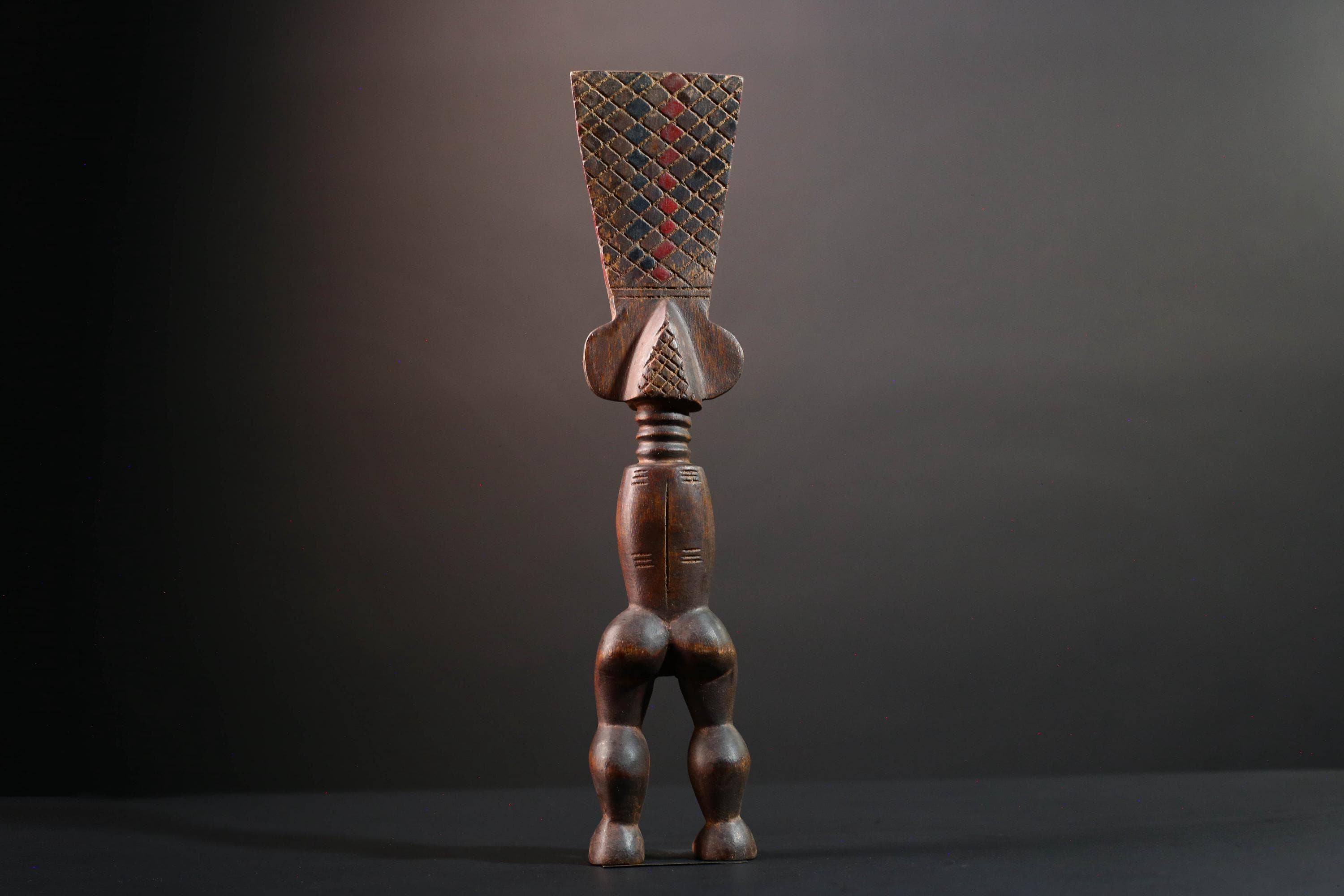 African female ancestor statue Luba carved standing figure with red crest tribal scarification memory carving African cultural art-G5553