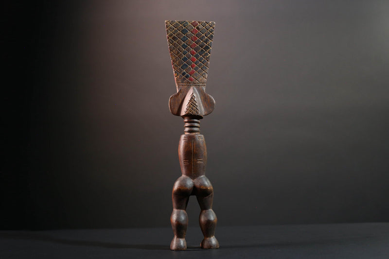 African female ancestor statue Luba carved standing figure with red crest tribal scarification memory carving African cultural art-G5553