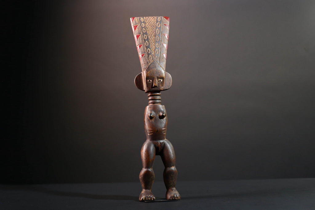 African female ancestor statue Luba carved standing figure with red crest tribal scarification memory carving African cultural art-G5553