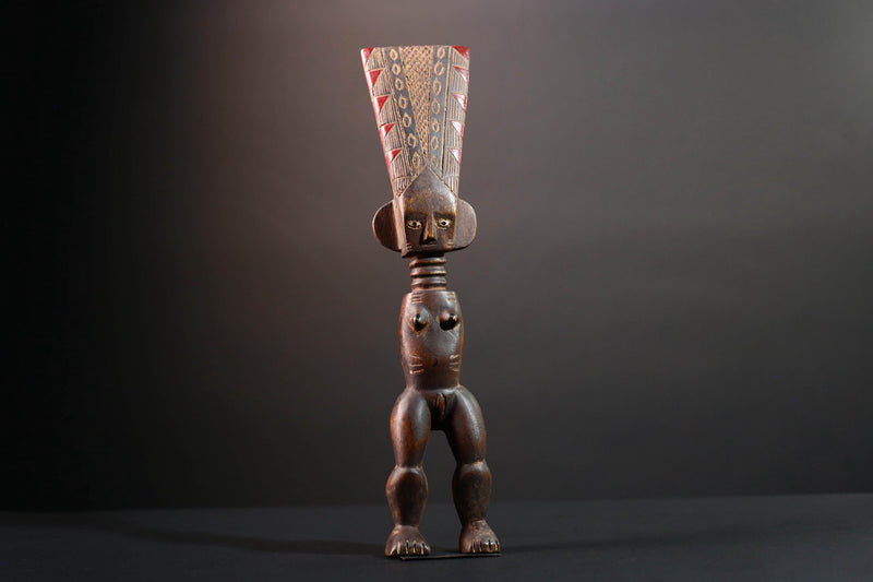 African female ancestor statue Luba carved standing figure with red crest tribal scarification memory carving African cultural art-G5553