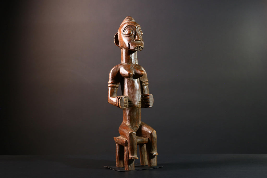 African tribal figure Luba female ancestor sculpture seated spirit statue wood carving Congo fertility decor collectible art-G5625