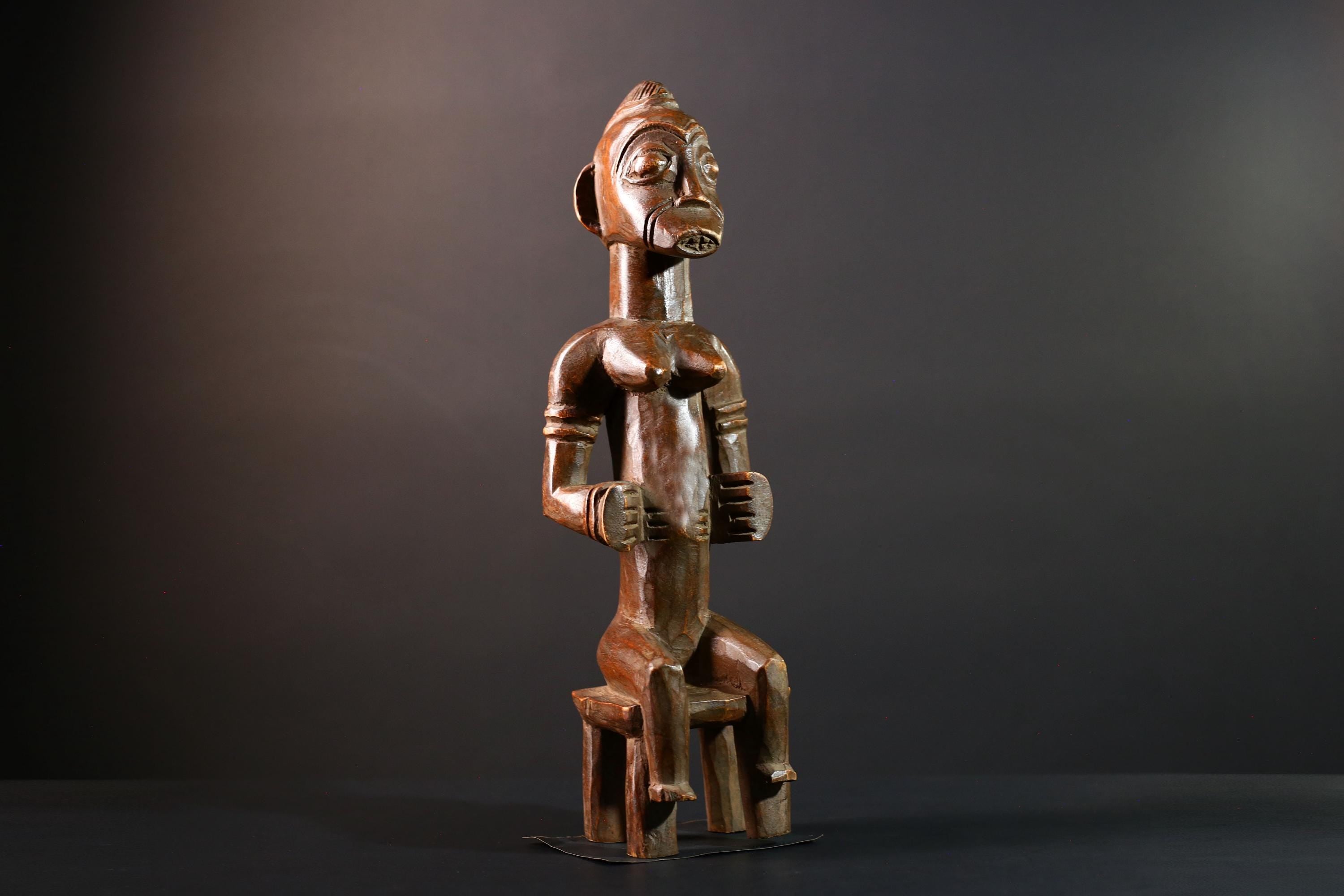 African tribal figure Luba female ancestor sculpture seated spirit statue wood carving Congo fertility decor collectible art-G5625