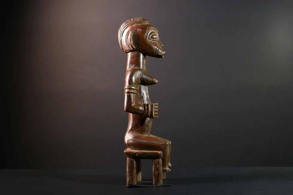 African tribal figure Luba female ancestor sculpture seated spirit statue wood carving Congo fertility decor collectible art-G5625