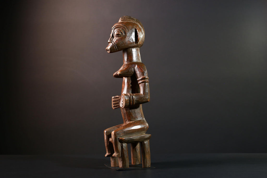 African tribal figure Luba female ancestor sculpture seated spirit statue wood carving Congo fertility decor collectible art-G5625