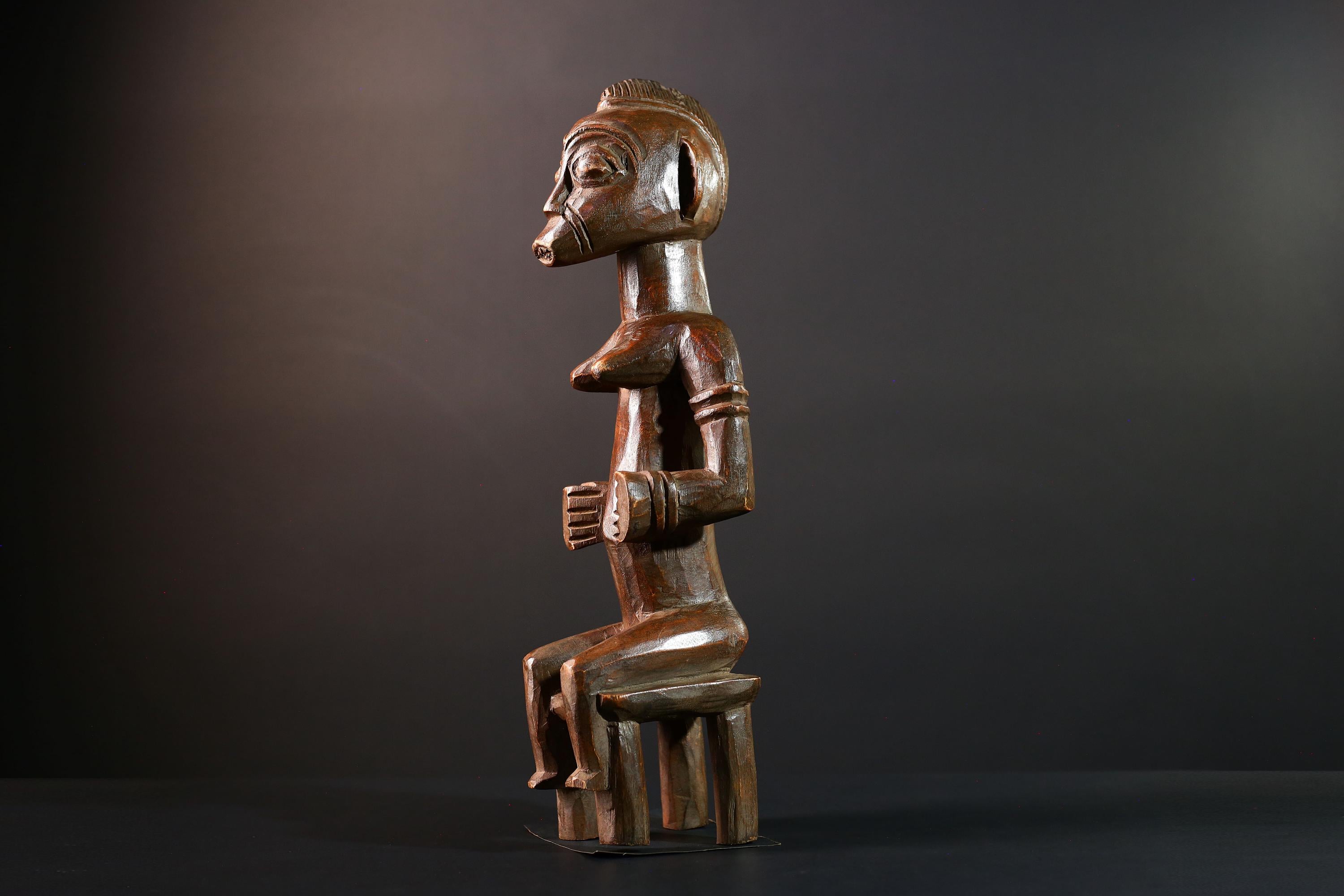 African tribal figure Luba female ancestor sculpture seated spirit statue wood carving Congo fertility decor collectible art-G5625