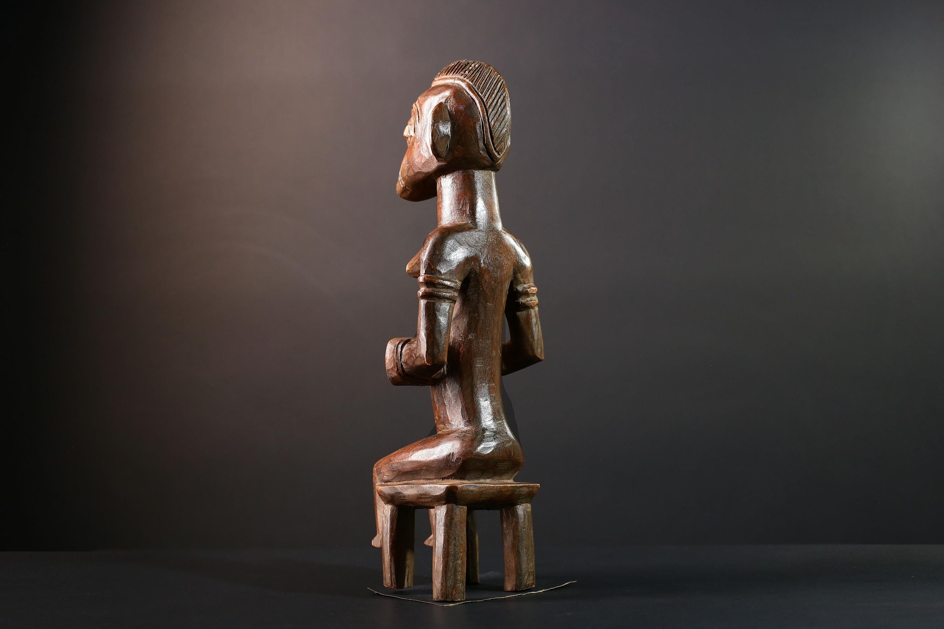 African tribal figure Luba female ancestor sculpture seated spirit statue wood carving Congo fertility decor collectible art-G5625