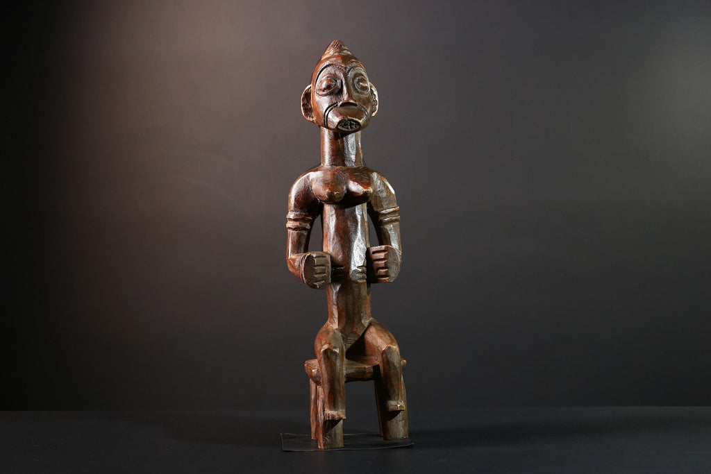 African tribal figure Luba female ancestor sculpture seated spirit statue wood carving Congo fertility decor collectible art-G5625