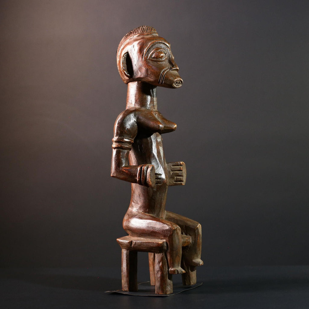 African tribal figure Luba female ancestor sculpture seated spirit statue wood carving Congo fertility decor collectible art-G5625