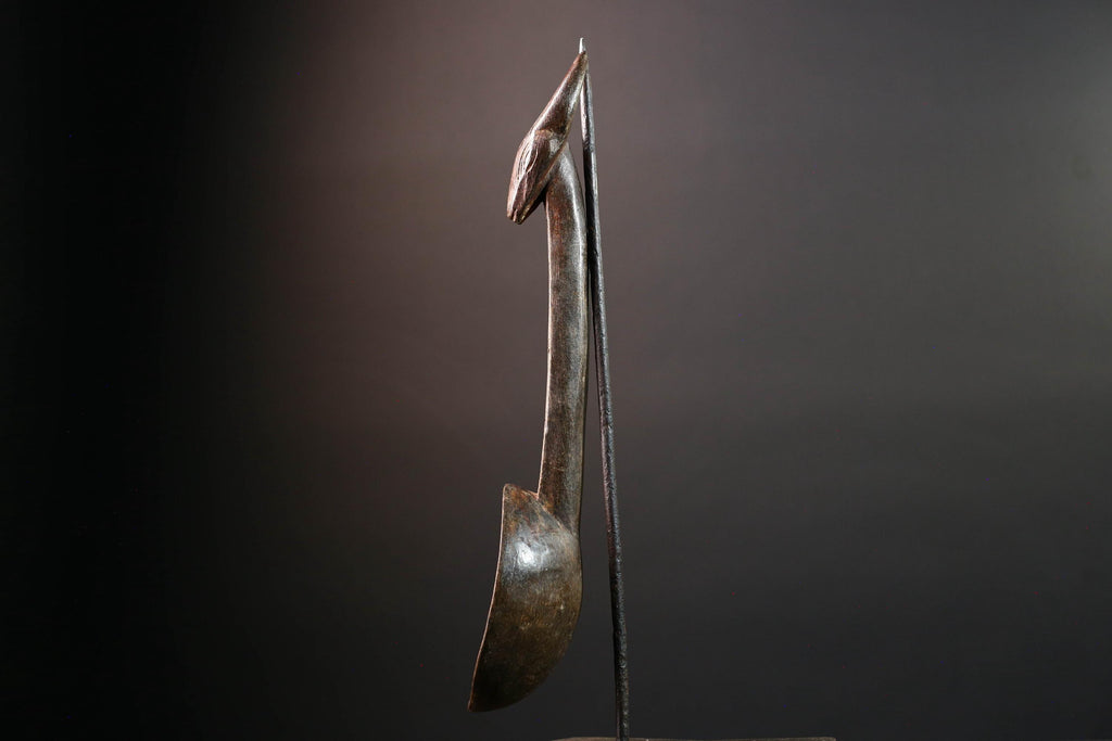African ceremonial spoon Dan carving with horned animal head long handle tribal prestige ladle art wooden decorative African utensil-G5552