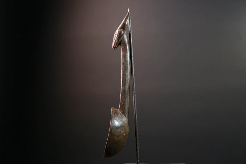 African ceremonial spoon Dan carving with horned animal head long handle tribal prestige ladle art wooden decorative African utensil-G5552