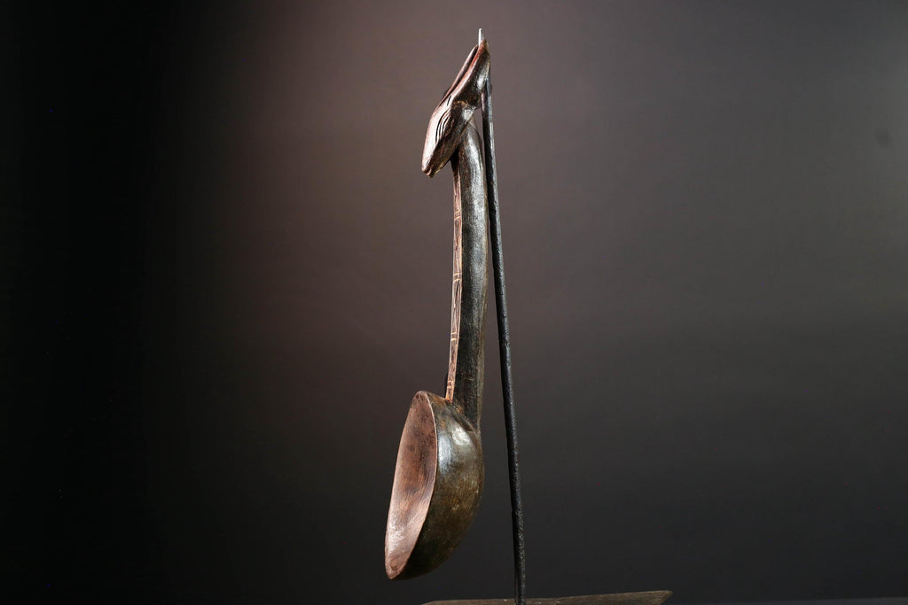 African ceremonial spoon Dan carving with horned animal head long handle tribal prestige ladle art wooden decorative African utensil-G5552