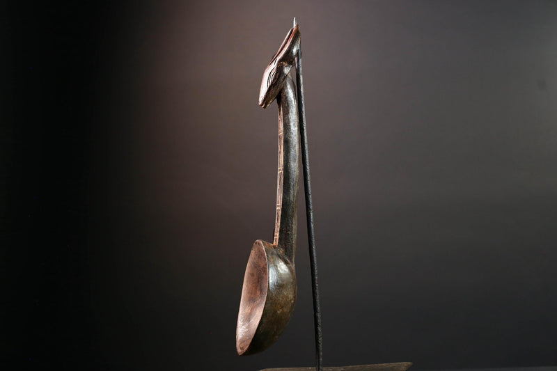 African ceremonial spoon Dan carving with horned animal head long handle tribal prestige ladle art wooden decorative African utensil-G5552