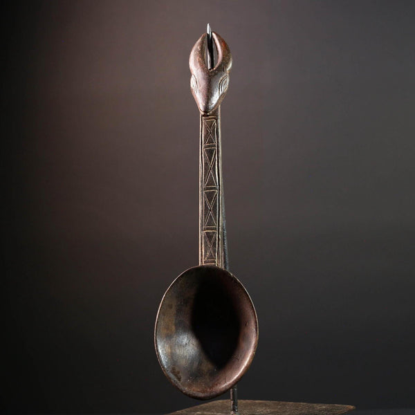 African ceremonial spoon Dan carving with horned animal head long handle tribal prestige ladle art wooden decorative African utensil-G5552