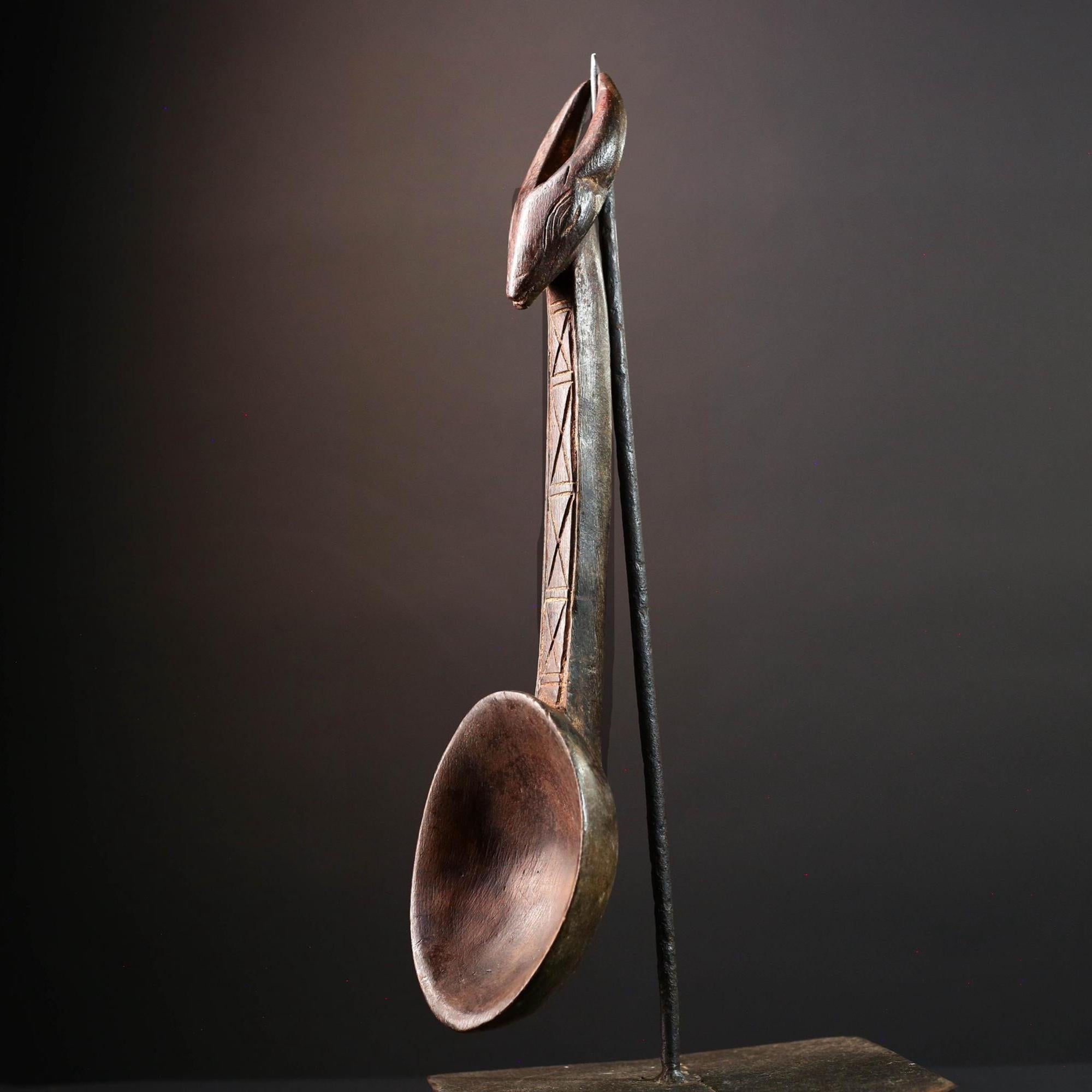 African ceremonial spoon Dan carving with horned animal head long handle tribal prestige ladle art wooden decorative African utensil-G5552