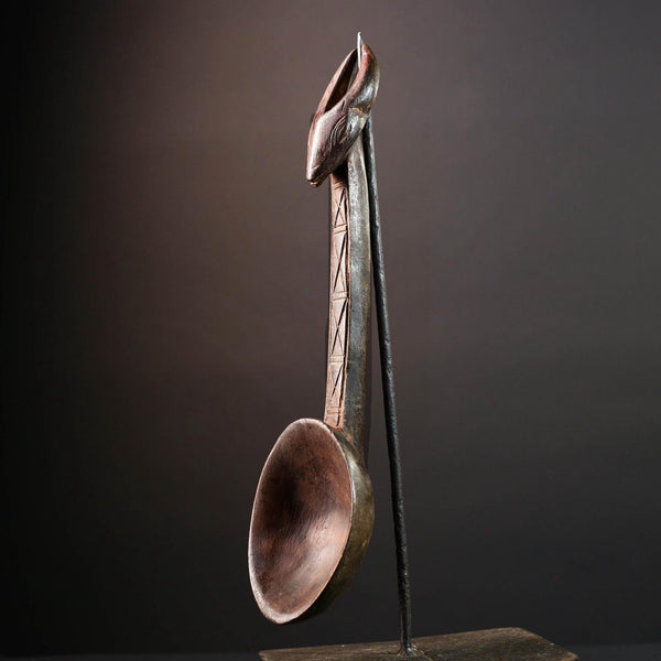 African ceremonial spoon Dan carving with horned animal head long handle tribal prestige ladle art wooden decorative African utensil-G5552